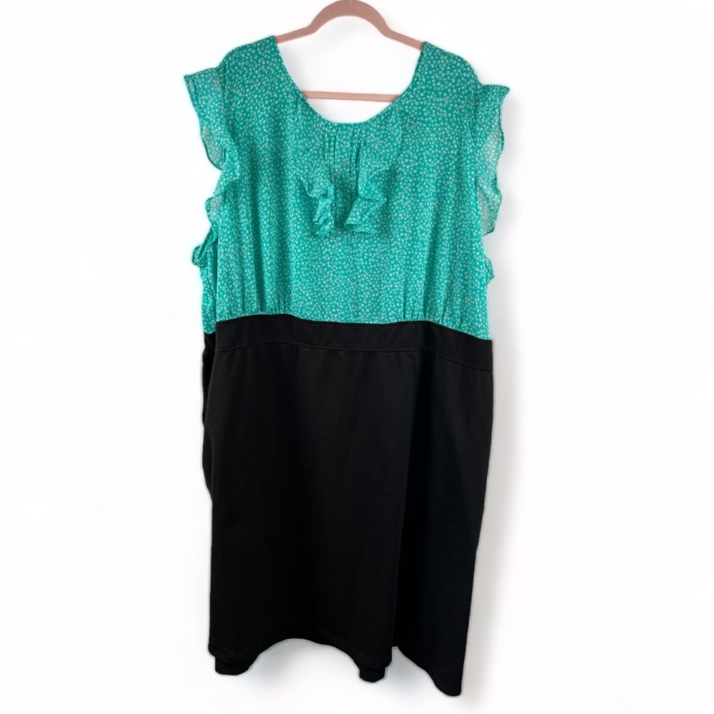 Chelsea Studio Women’s Black and Teal Print Ruffle Detail Dress w/Pockets Sz‎ 4X